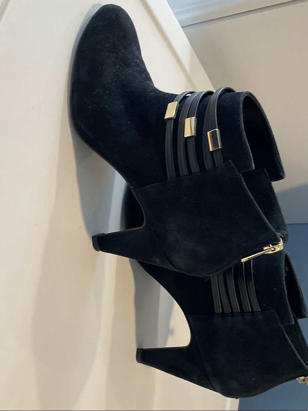 Bella Vita Black Suede Ankle Booties with Gold Accents